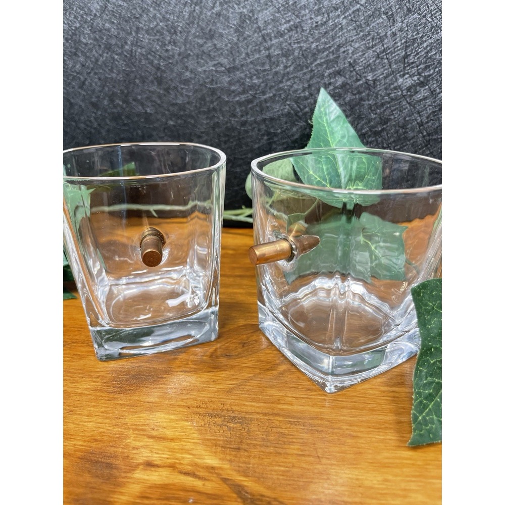Whiskey Glasses With Metal Bullet Embedded In Glass Set Of 2